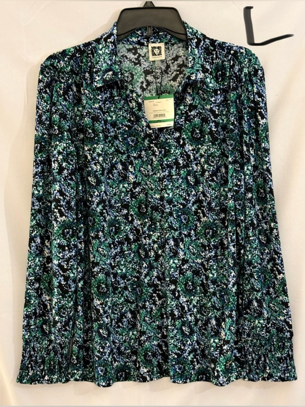 Anne Klein Black, Green and Blue Floral-Print  Blouse
